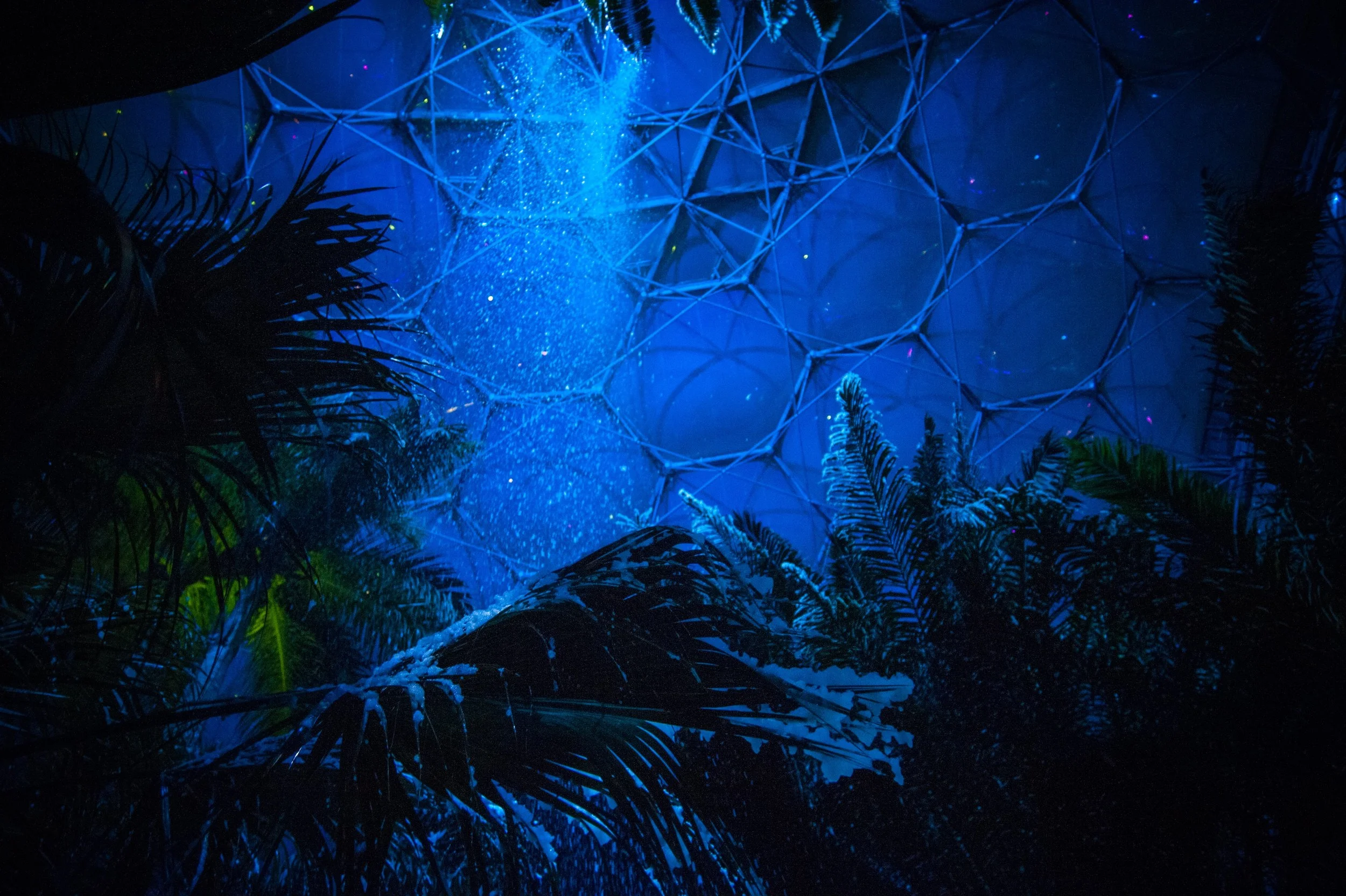 Snowfall inside The Eden Project, Cornwall
