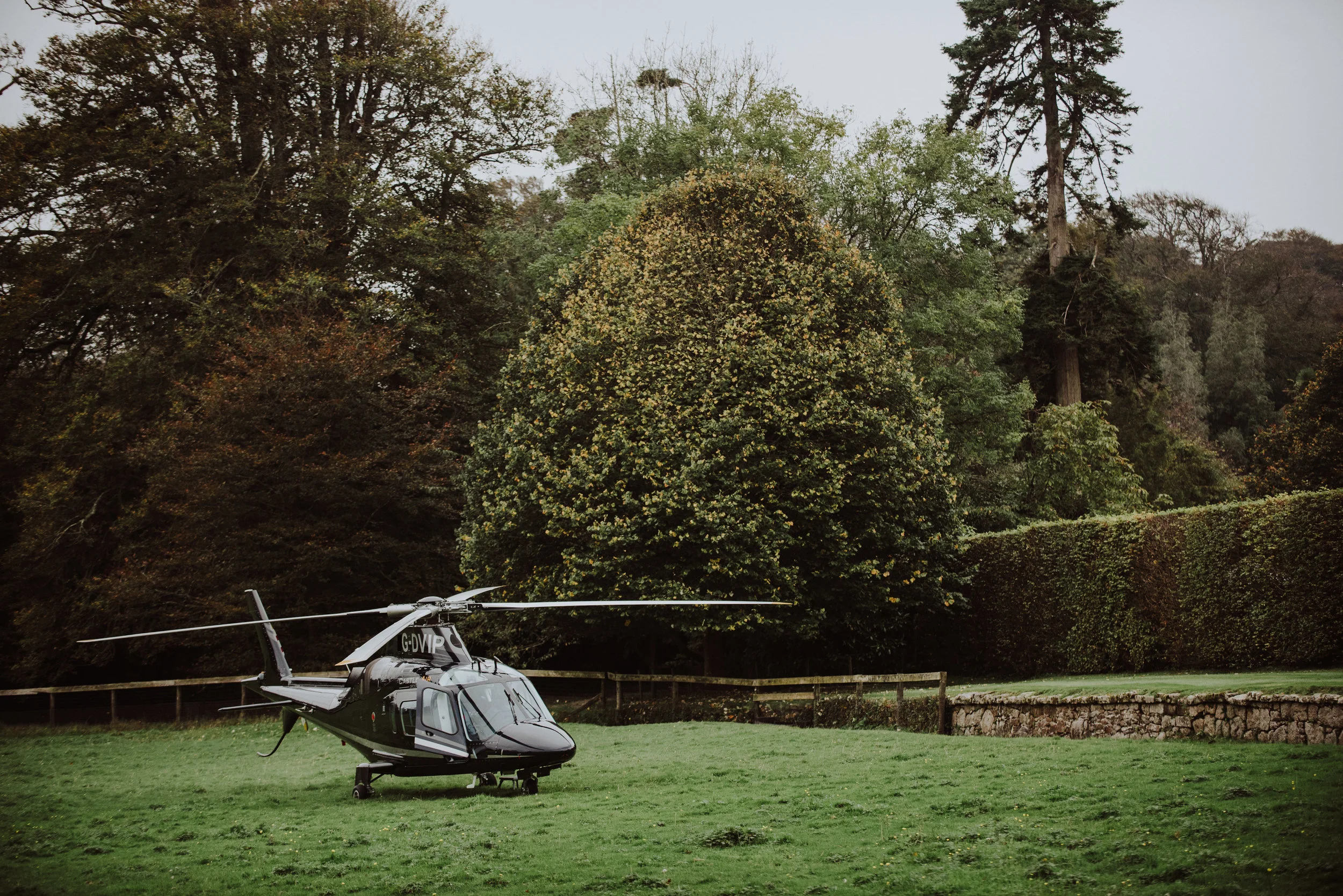 A helicopter on a grassy field with lush trees and bushes in the background.
