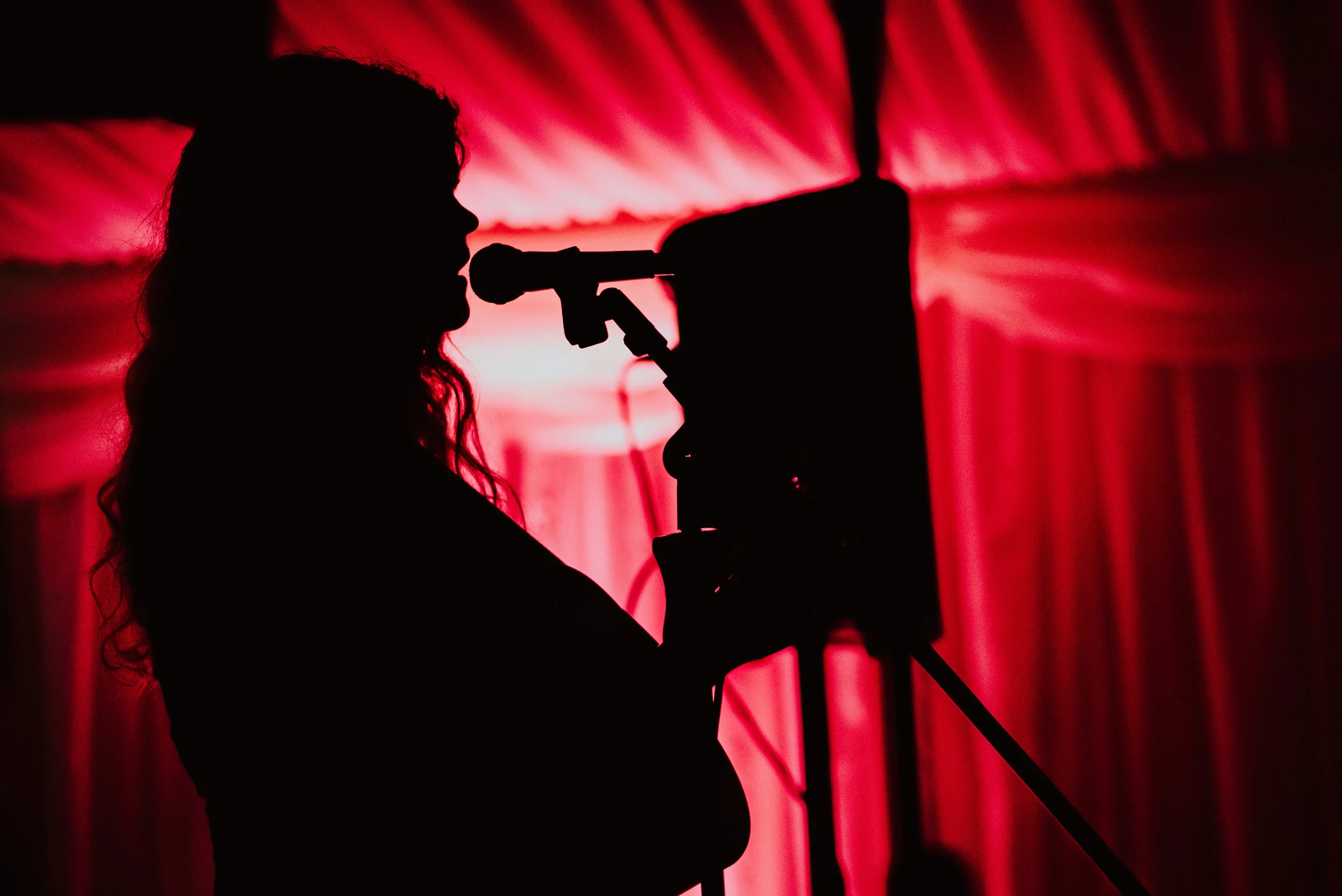 Silhouette of a woman with long curly hair speaking into a microphone, with a red curtain backdrop.