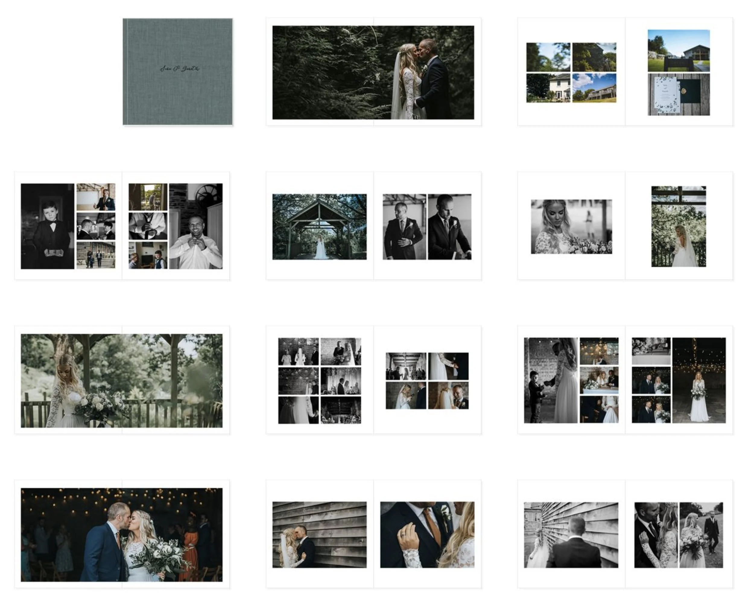 Wedding photo album layout with various images of a couple, wedding preparations, and outdoor scenes.