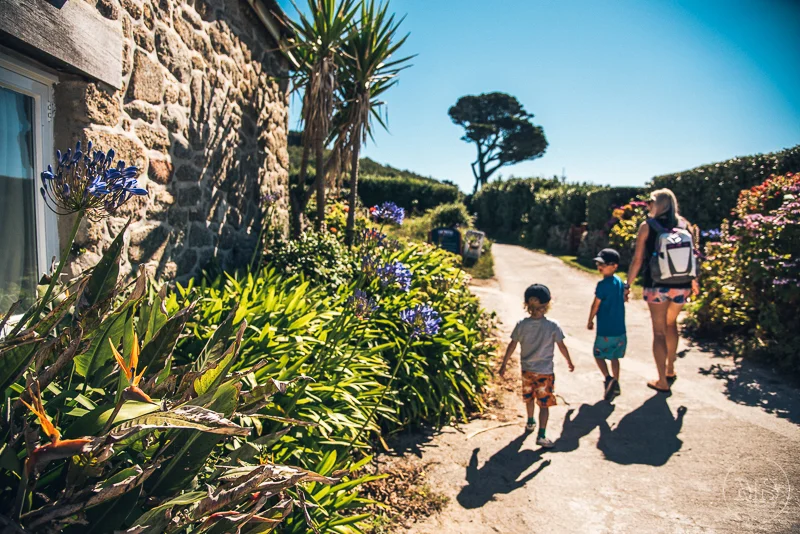A woman and two children walking along a garden path next to a stone house with various plants and flowers, under a clear blue sky.
