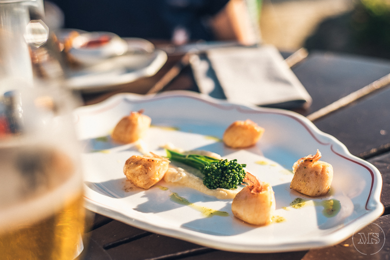 Empty white plate with five golden-brown fried appetizers and a few green broccolini pieces, drizzled with sauce, on a dark outdoor table.