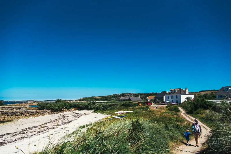 Isles of scilly photography. A coastal landscape with sandy beach, grassy dunes, and a dirt path leading to white houses, under a clear blue sky. People are walking along the path.
