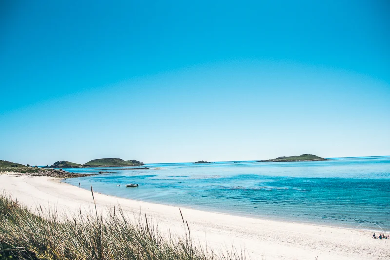 Isles of scilly photography. A scenic beach with white sand, grassy dunes in the foreground, calm blue ocean waters, and small islands in the distance under a clear blue sky.