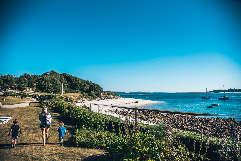 People walking along a grassy path beside a shoreline with rocks and boats on the water, under a bright blue sky.