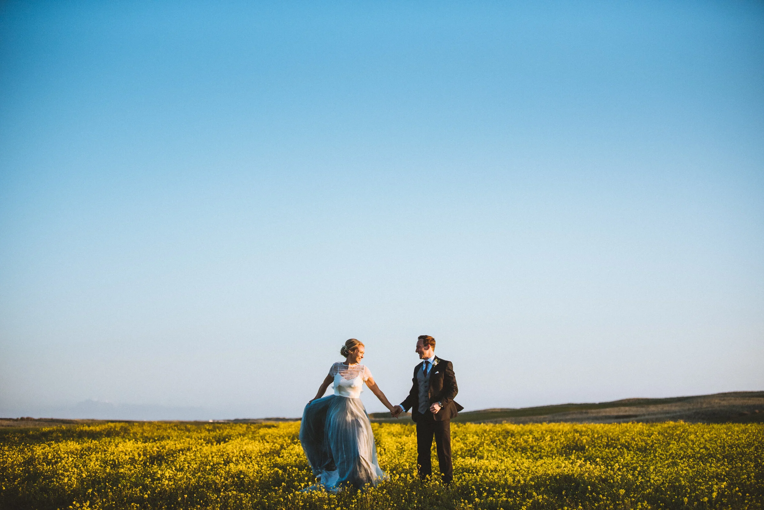A bride and groom holding hands in a yellow flower field under a clear blue sky.