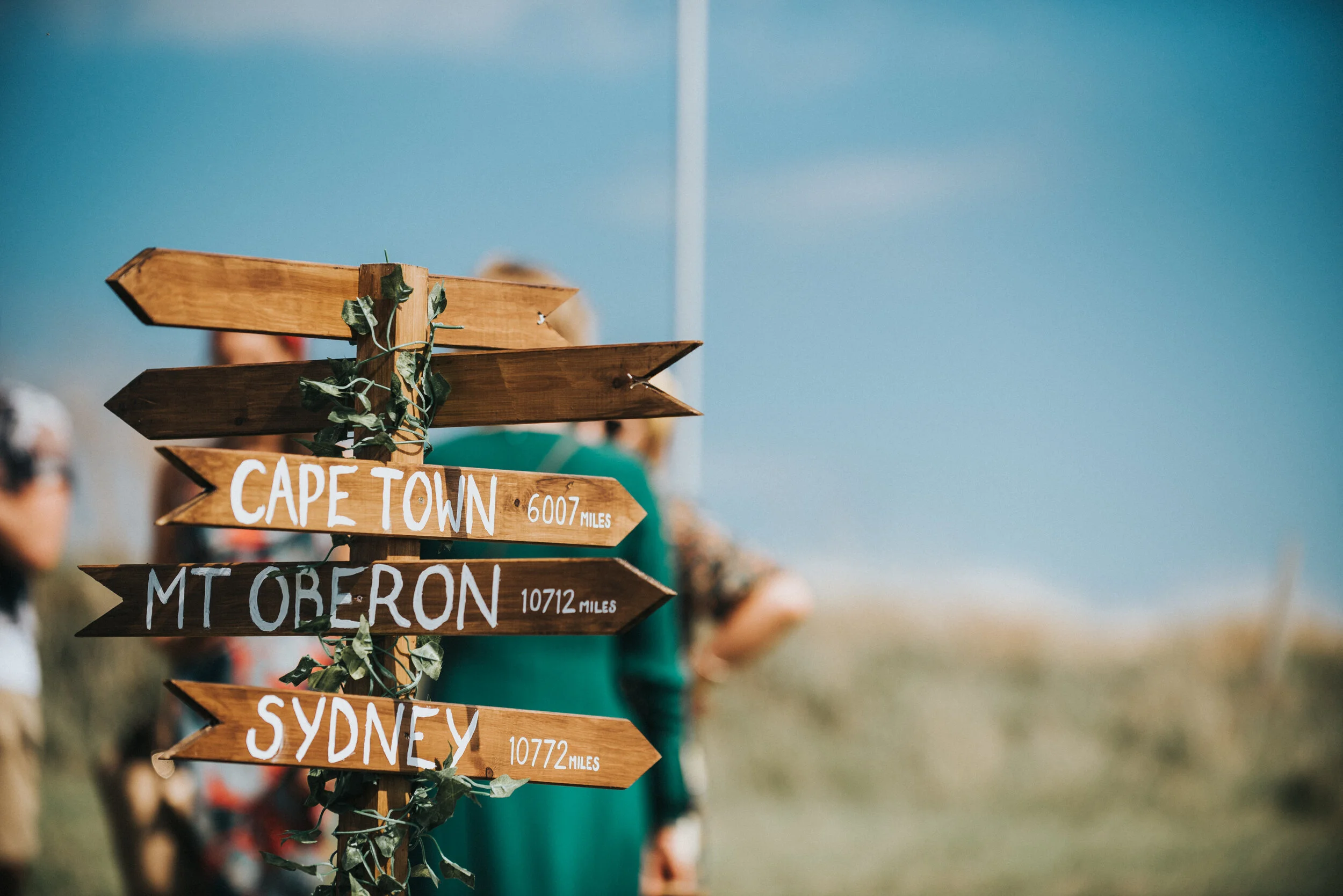 Isles of scilly photography. Wooden directional signpost with four arrows indicating distances to Cape Town, Mount Oreb, and Sydney, surrounded by greenery, with blurred people in the background under a partly cloudy sky.