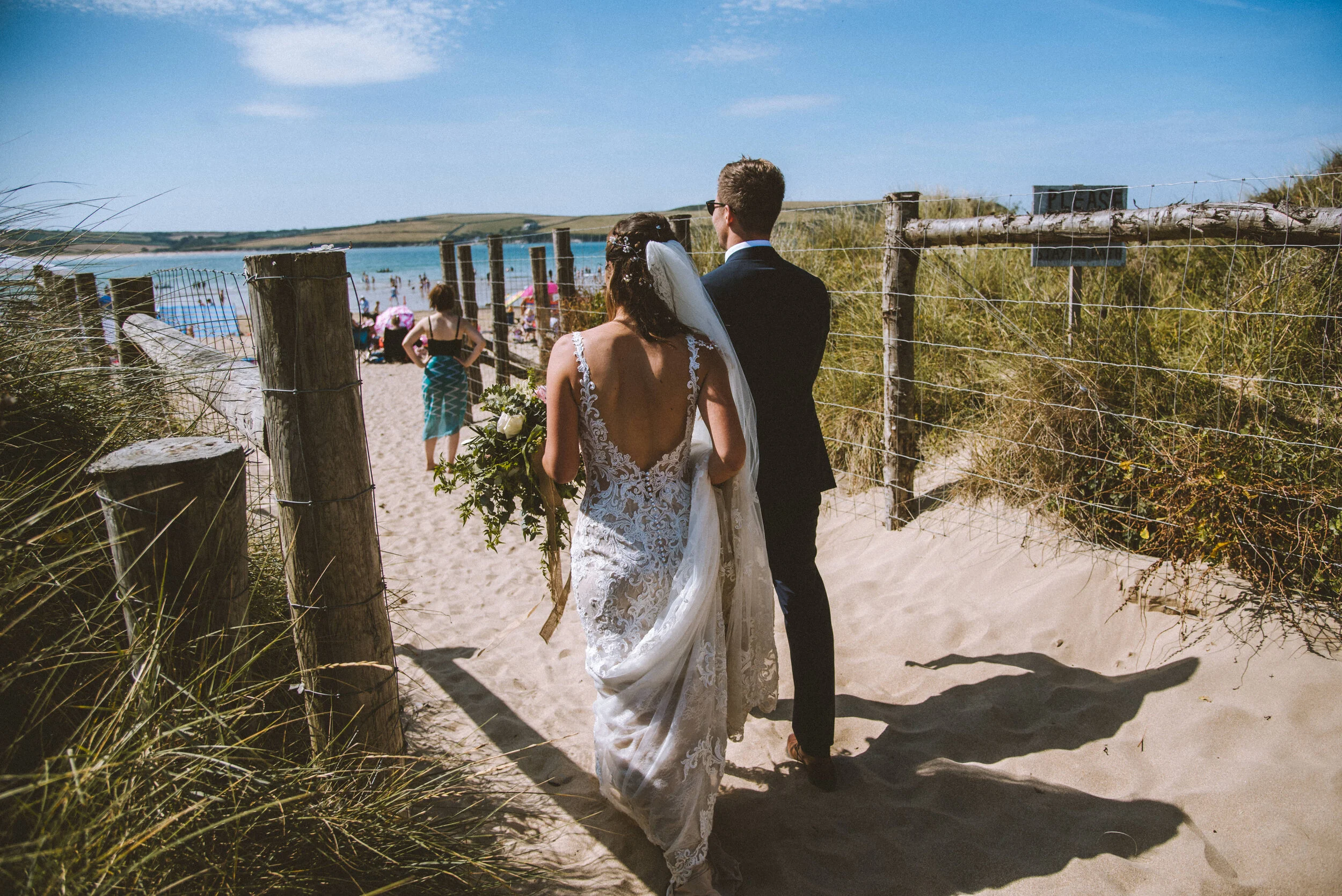 Wedding photo at Daymer Bay in Cornwall. 
