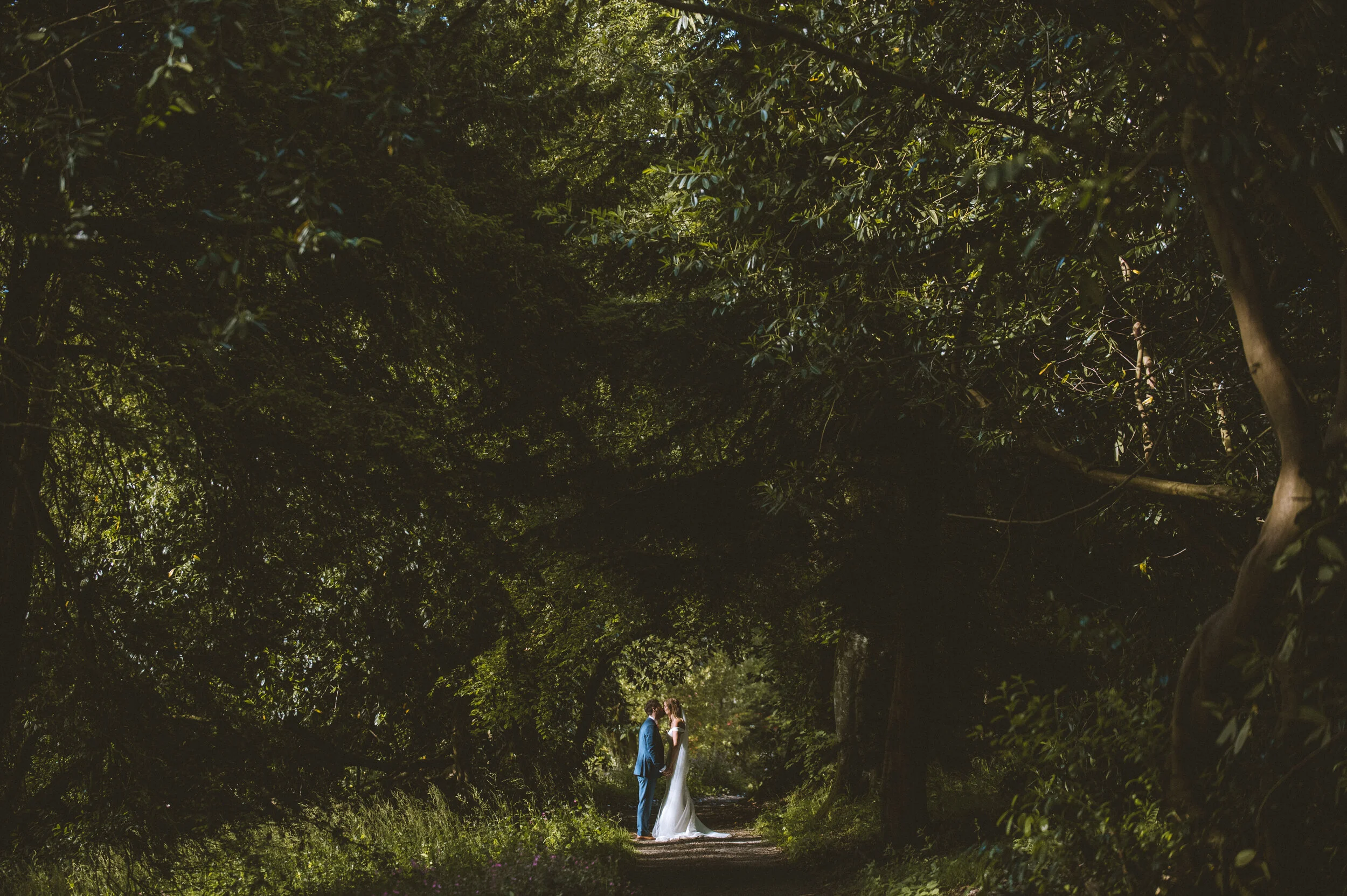 A bride and groom holding hands on a path in a lush, green forest with overhanging trees.