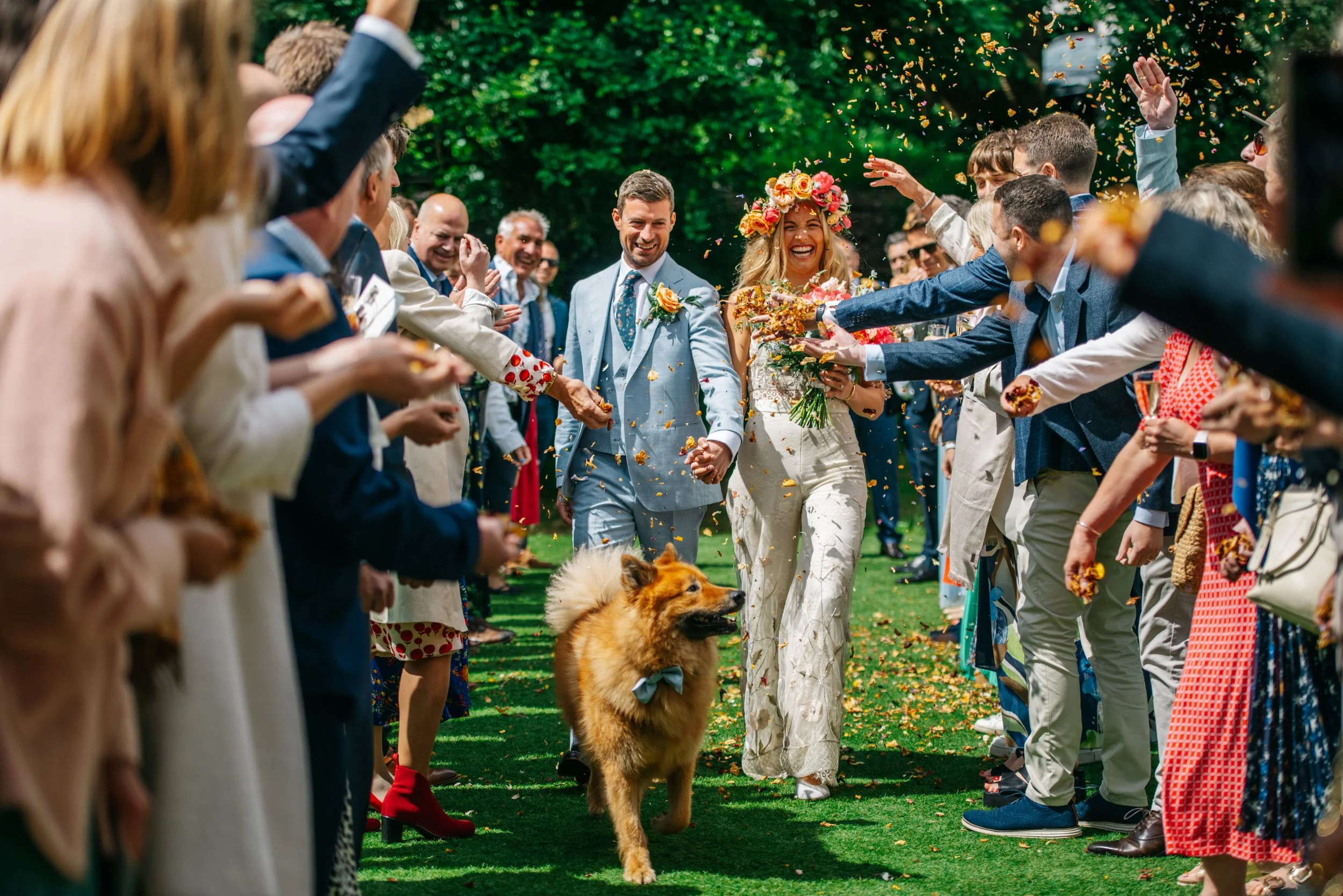 wedding ceremony couple with confetti and dog