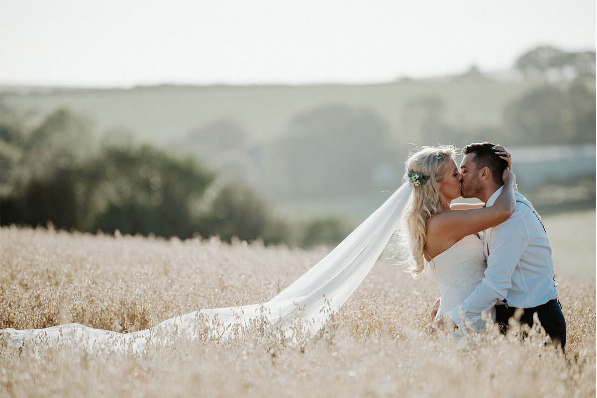 A bride and groom kissing in a field of tall grass on a sunny day.