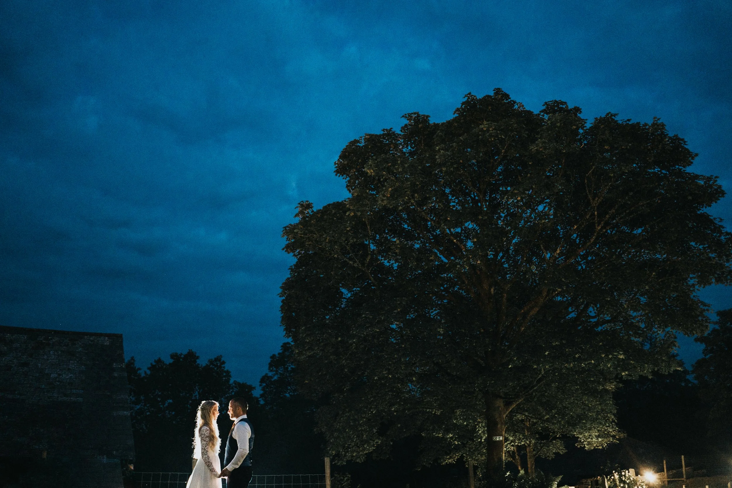 A couple holding hands, standing under a large tree at dusk, with a dark sky and faint lights in the background.