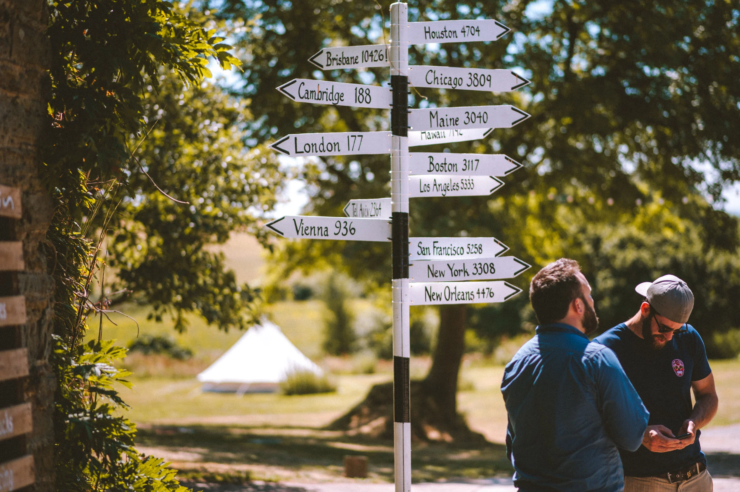 Two men standing outdoors near a signpost with multiple directional signs indicating distances to various cities, with trees in the background and a white tent visible in the distance.