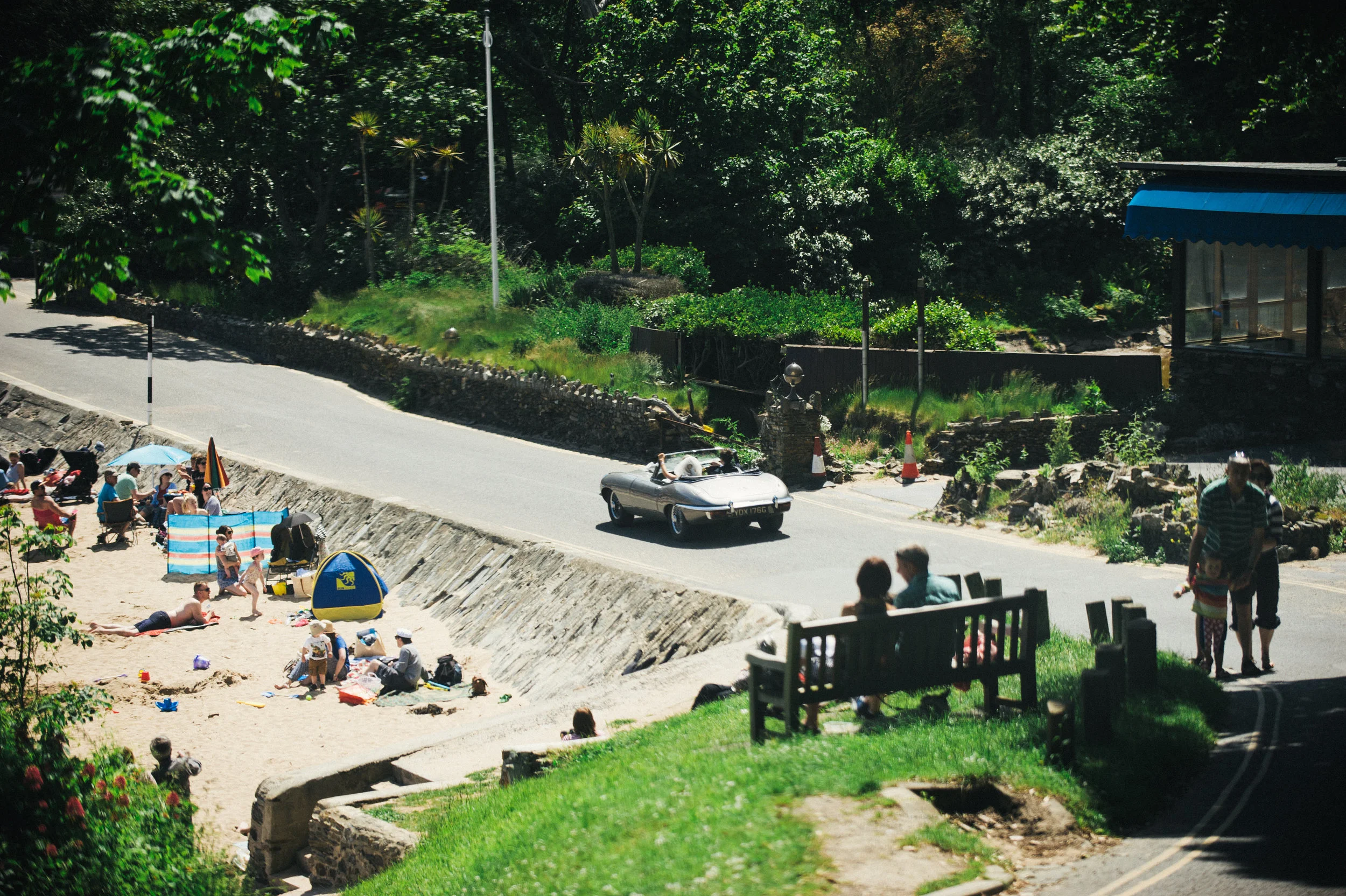 People relaxing on a sandy beach and walking along a road under a green, tree-filled area.