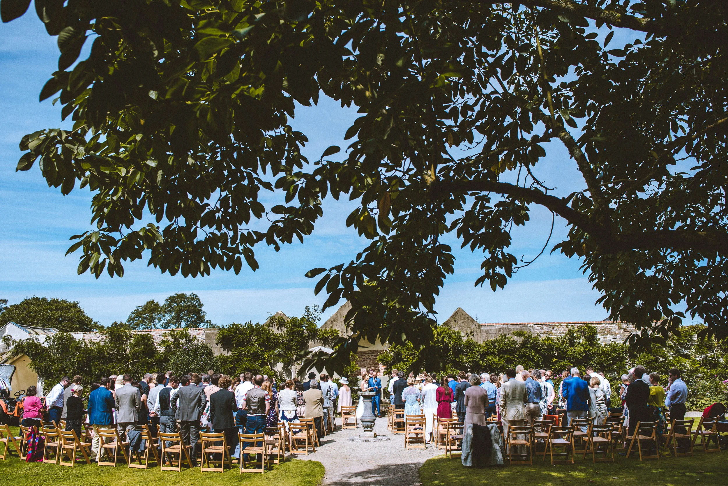 An outdoor wedding ceremony with guests standing under a large tree, facing the altar where the officiant is present, on a sunny day with a clear blue sky.