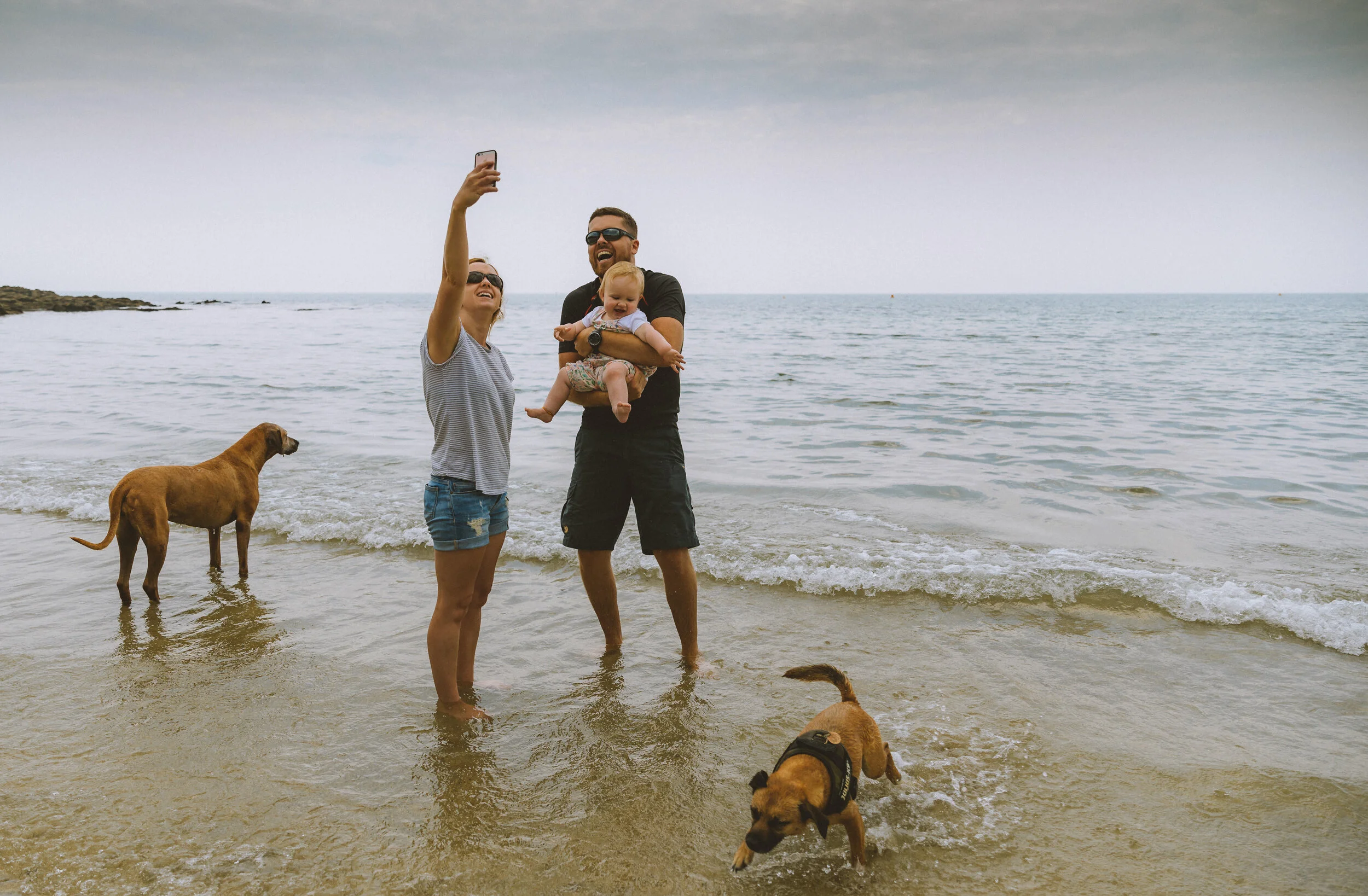 Family taking a selfie at the beach with two dogs, a man holding a baby, and a woman smiling, in an ocean setting with cloudy skies.