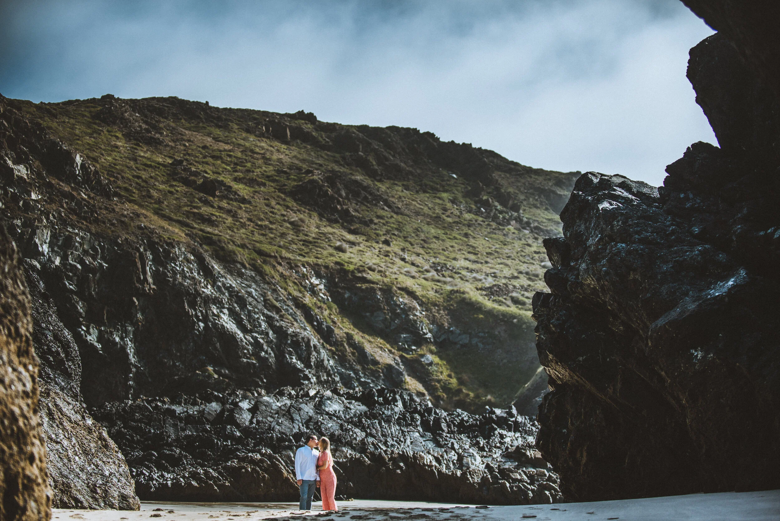 Pre wedding shoot with couple at Kynance cove captured by Cornwall wedding photographer Mark Shaw Photography 