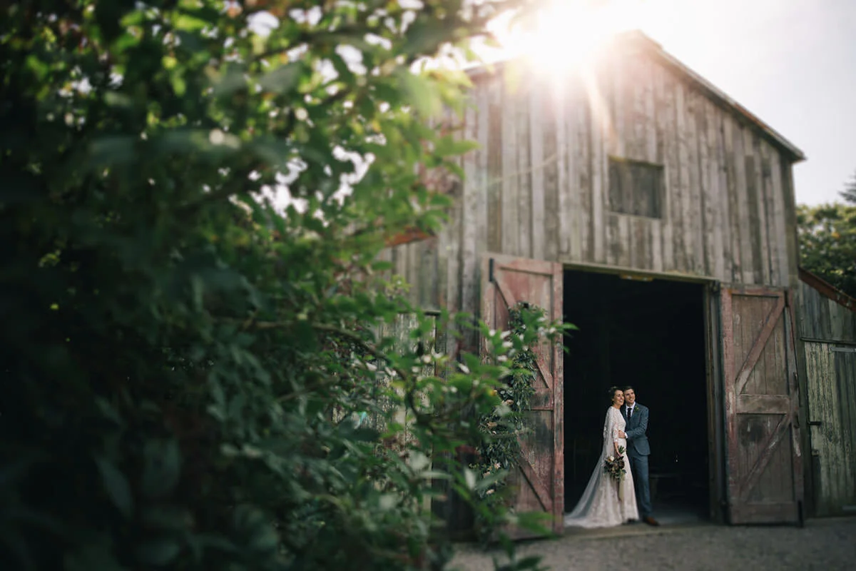 A bride and groom standing inside an open barn door, with sunlight shining from behind and greenery in the foreground.
