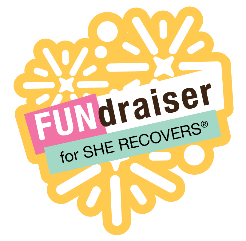 A yellow snowflake with white accents featuring the text 'FUNdraiser for SHE RECOVERS' with the word 'FUN' in pink, 'draiser' in black, and the rest in black on a light teal background.