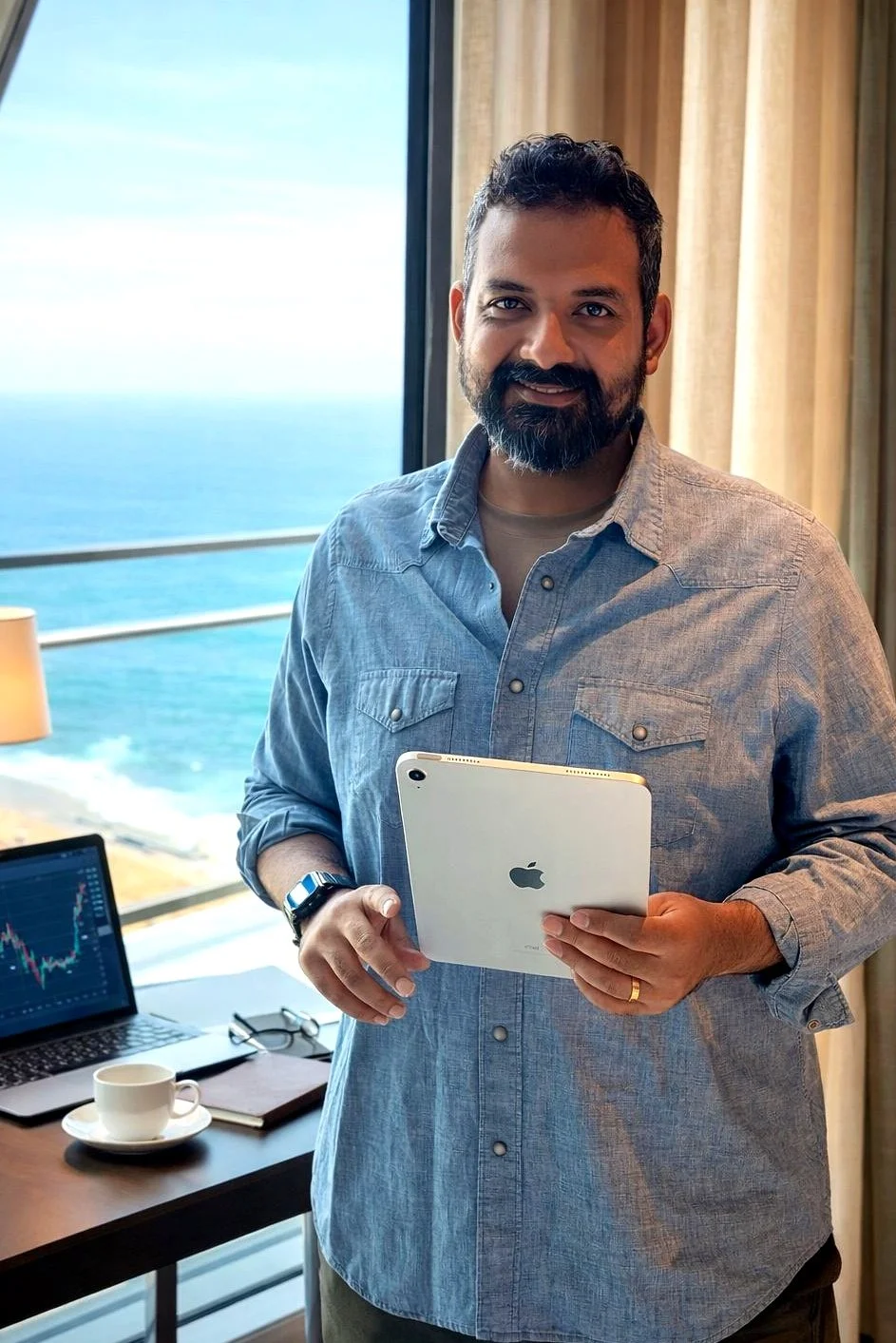A man with a beard and short hair, wearing a denim shirt, holding an iPad, standing near a window with a view of the ocean.