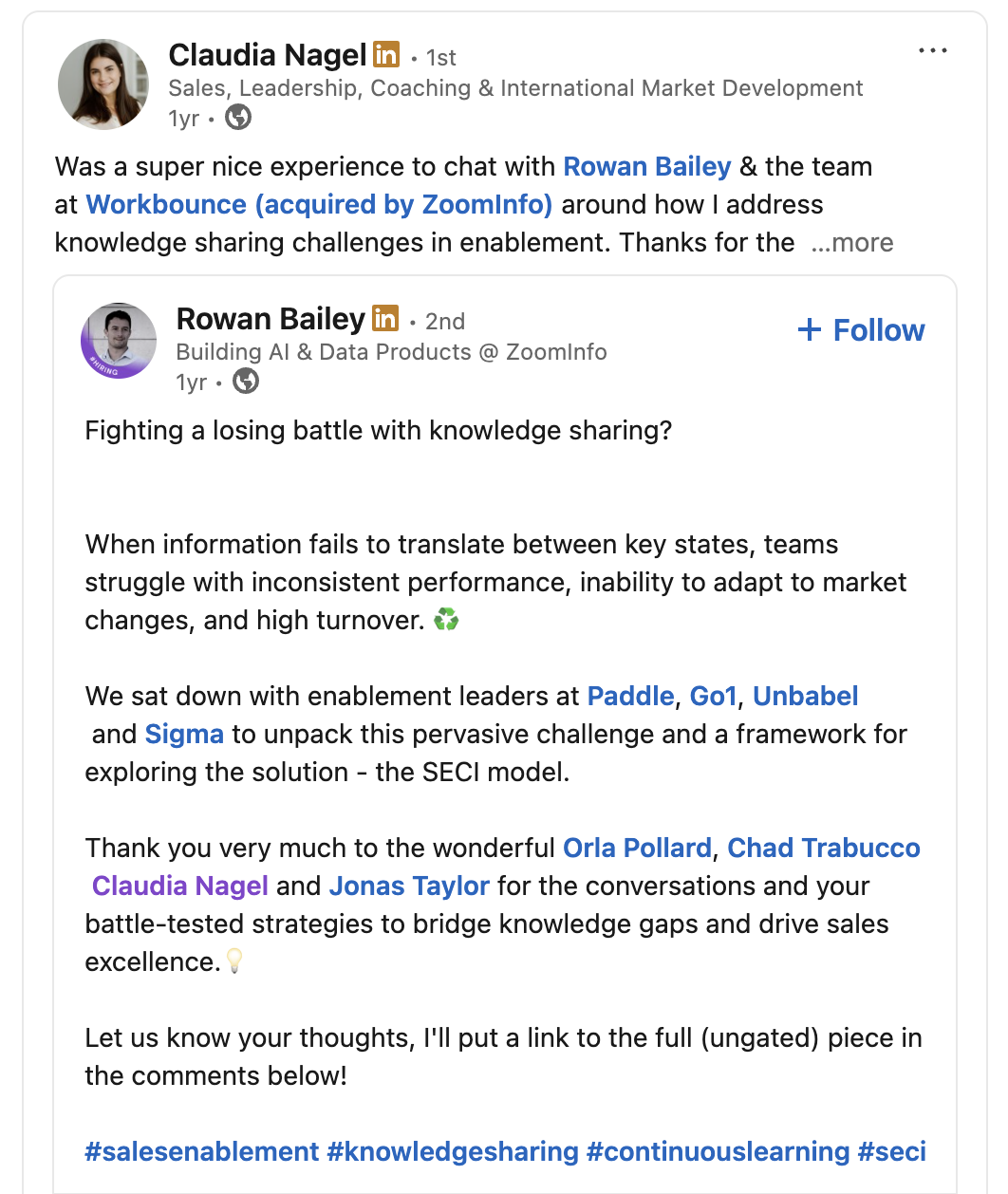 Screenshot of a LinkedIn conversation between Claudia Nagel and Rowan Bailey discussing knowledge sharing, enablement challenges, and frameworks like the SEC model, with mentions of Paddle, Go1, Unbabel, Sigma, Orla Pollard, Chad Trabucco, and Jonas Taylor.