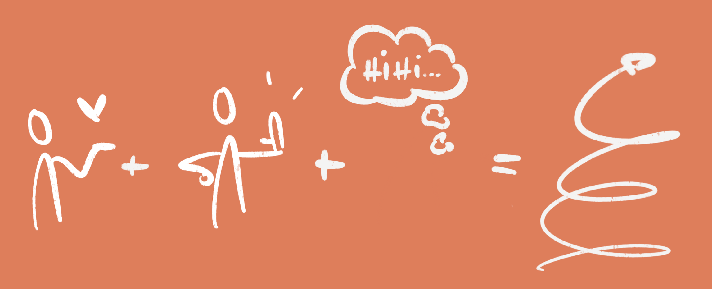 Handgeschriebene Skizze mit mathematischen Symbolen, einer Suppe, einem Gedankenblase mit 'HiHi...', und einer spiralförmigen Linie auf orangefarbenem Hintergrund.