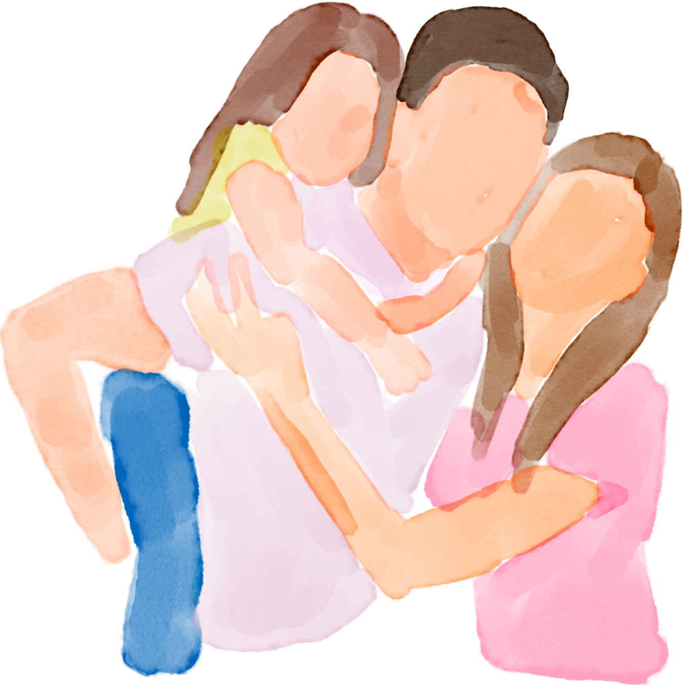 Een schattige tekening van een familie die knuffelt, bestaande uit een man, een vrouw en een kind.