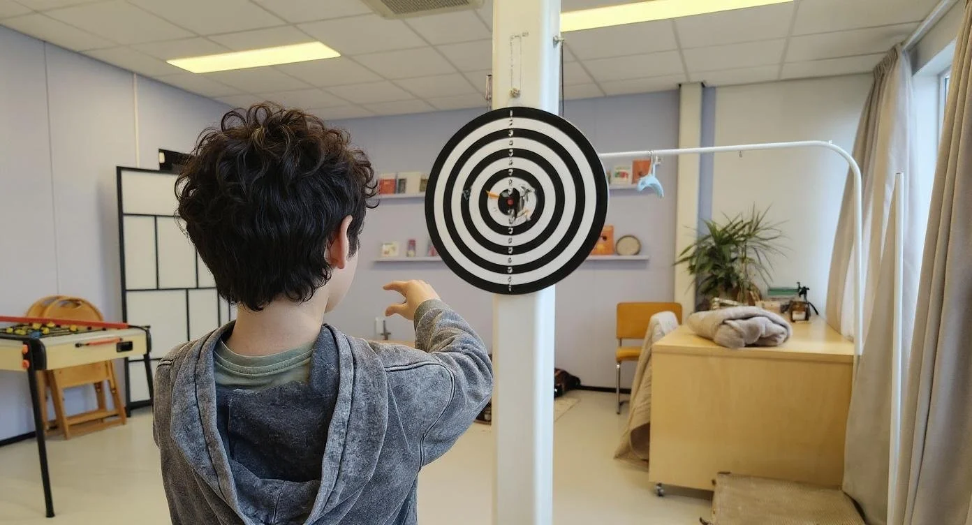Een jongen met gekruld haar schiet met een blaaspijp op een dartbord met een zwart-wit doel, hangend aan een muur in een kamer.