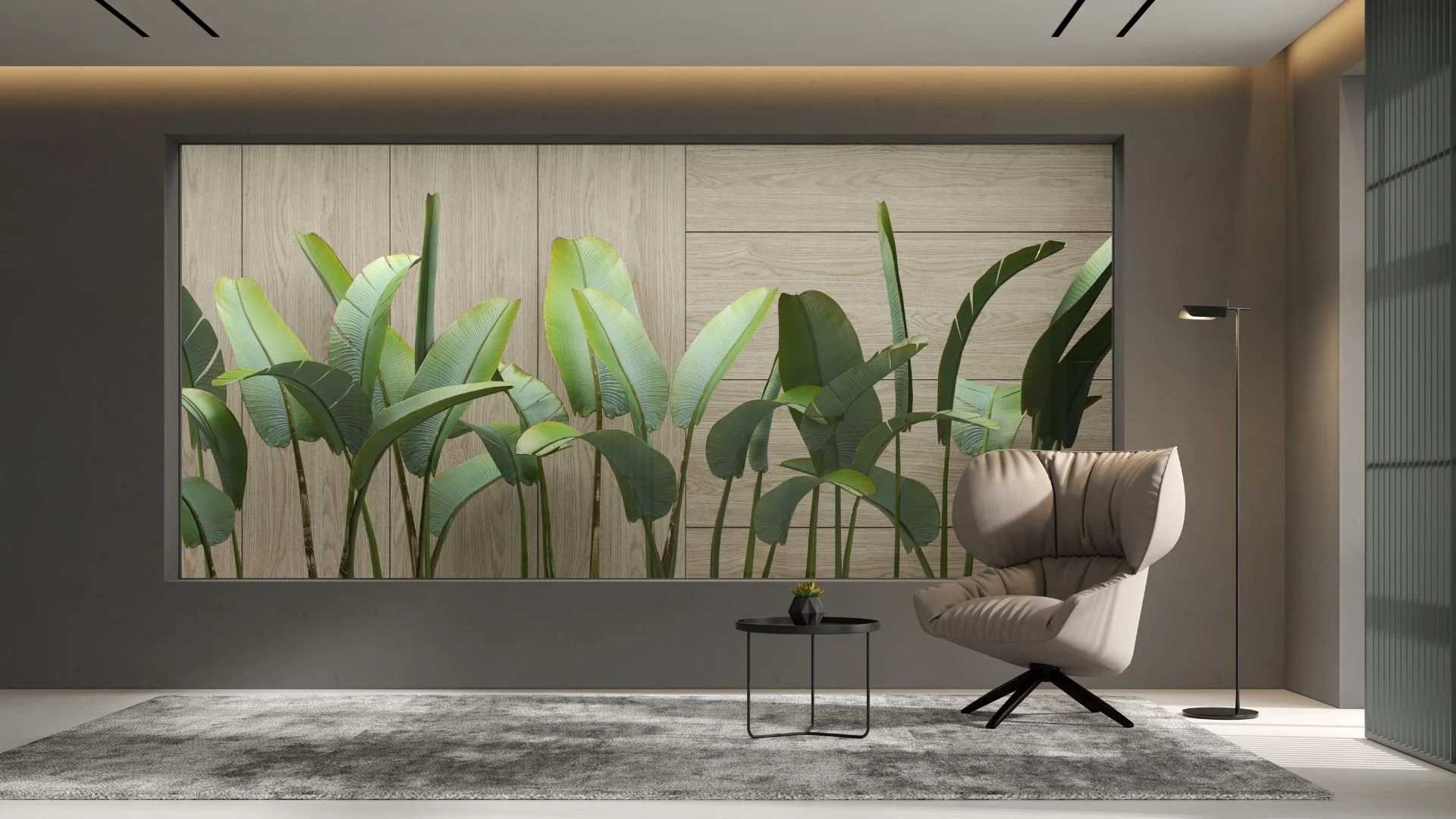 Intérieur moderne avec un mur de plantes vertes, une lampe de lecture, un fauteuil blanc et une petite table noire avec une plante en pot.