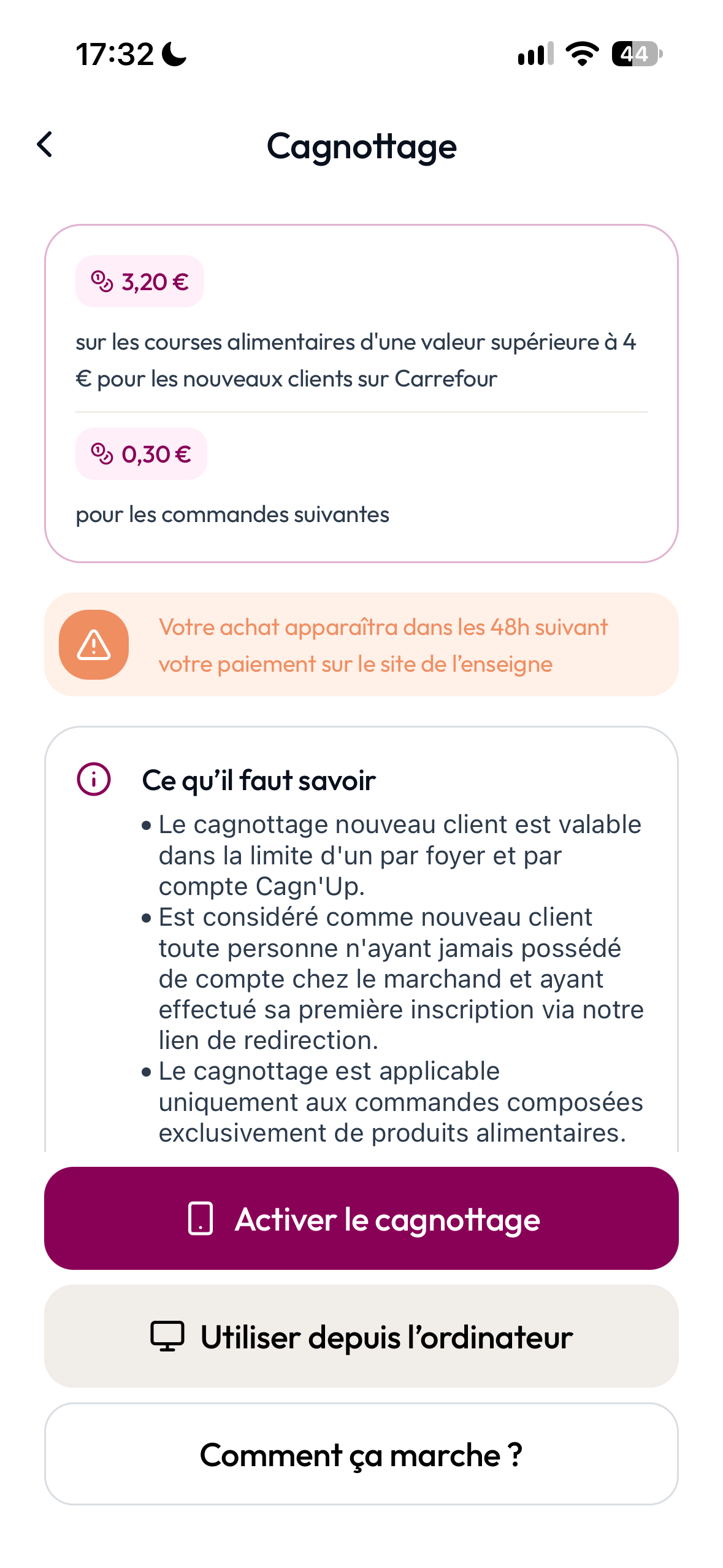 screen cashback web activer