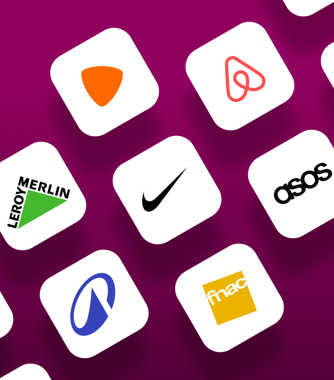 Capture d'écran montrant diverses icônes d'applications mobiles sur un fond violet, incluant Nike, ASOS, Fnac, Leroy Merlin, Air France, Airbnb, et des logos divers.