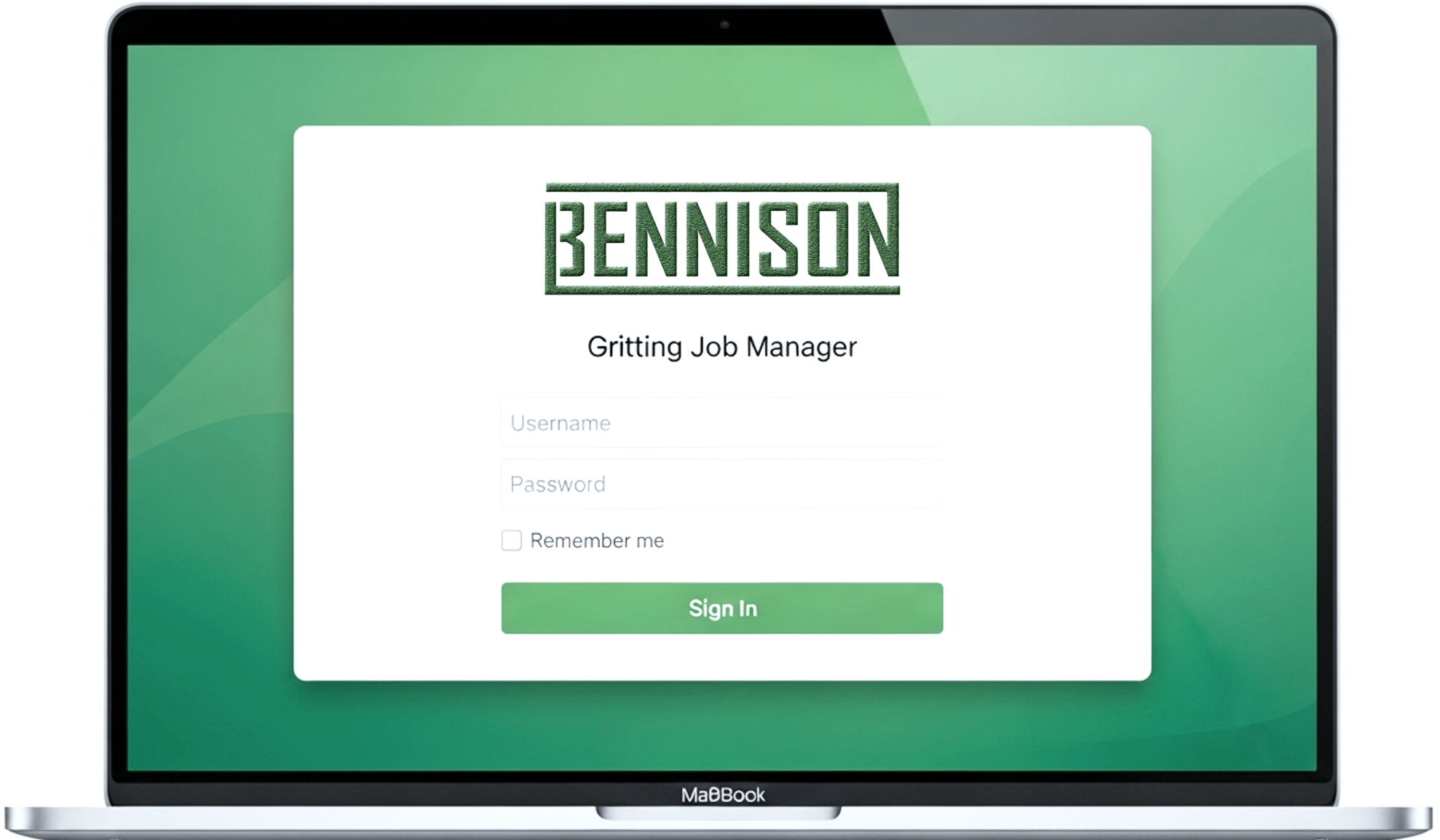 A silver MacBook laptop displaying a sign-in screen for Bennison with a green and white logo, fields for username and password, a 'Remember me' checkbox, and a green 'Sign In' button on a green background.