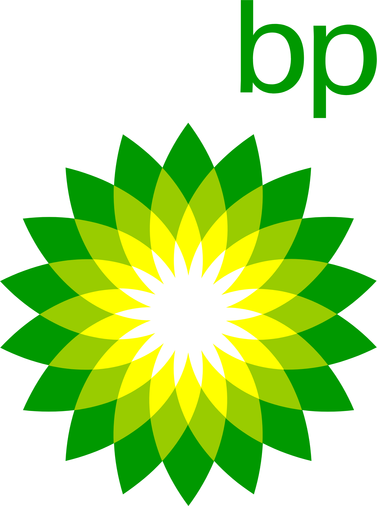 A colorful geometric flower design with overlapping yellow and green petals, and the letters 'bp' in green at the top right corner.