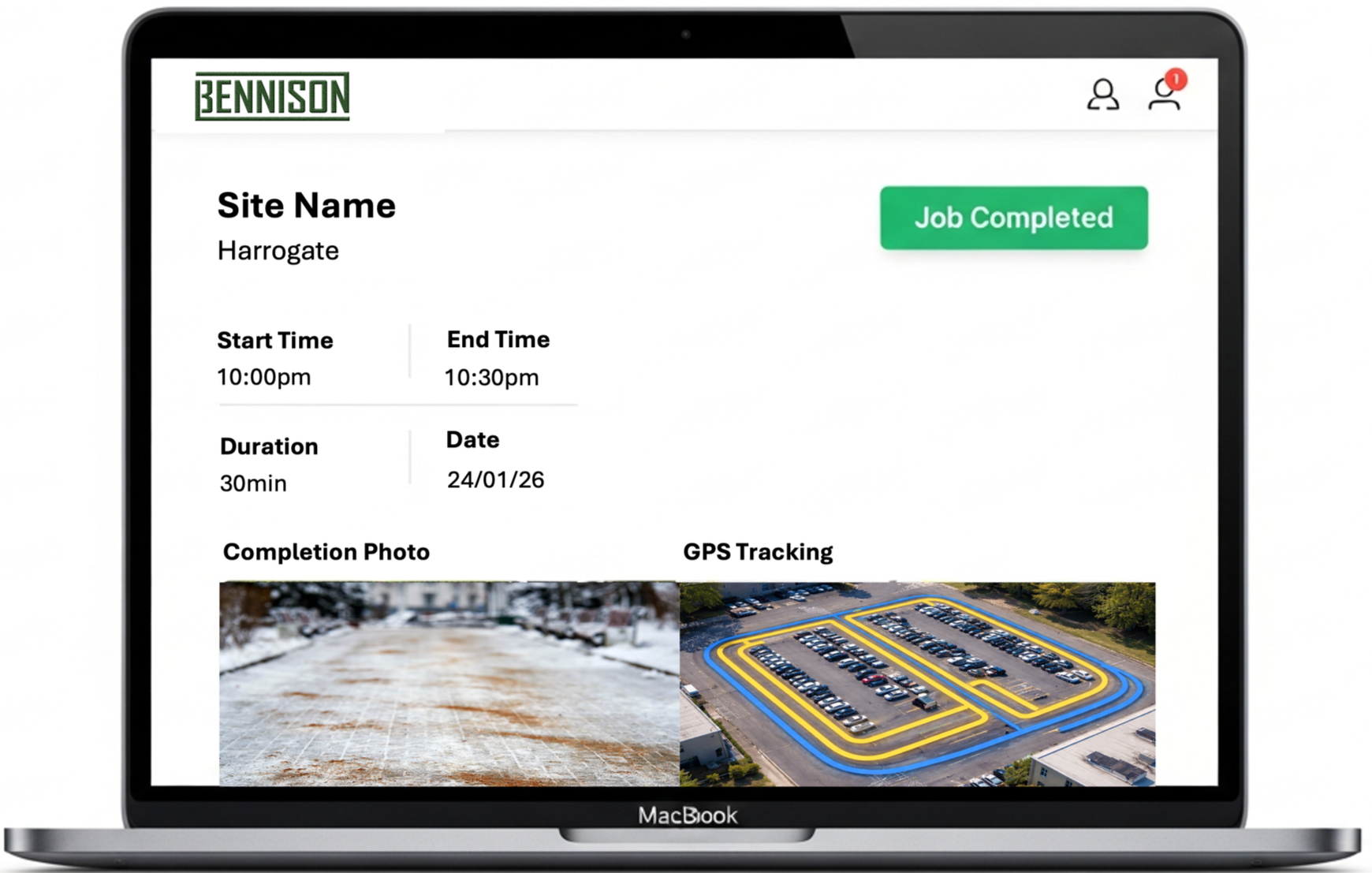 Screenshot of a computer monitor displaying a project management interface for Bennison with details of a job at Harrogate, including start and end times, duration, date, a completion photo of a snowy driveway, and a GPS tracking image of a parking lot.