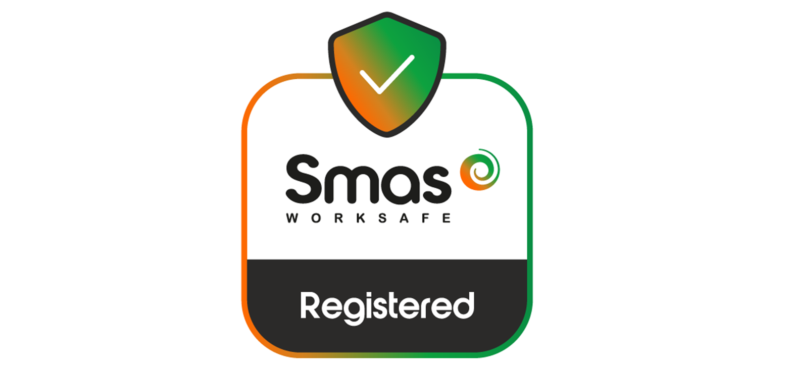 Smas Worksafe registration badge with a checkmark shield at the top, featuring a black, white, green, and orange color scheme.