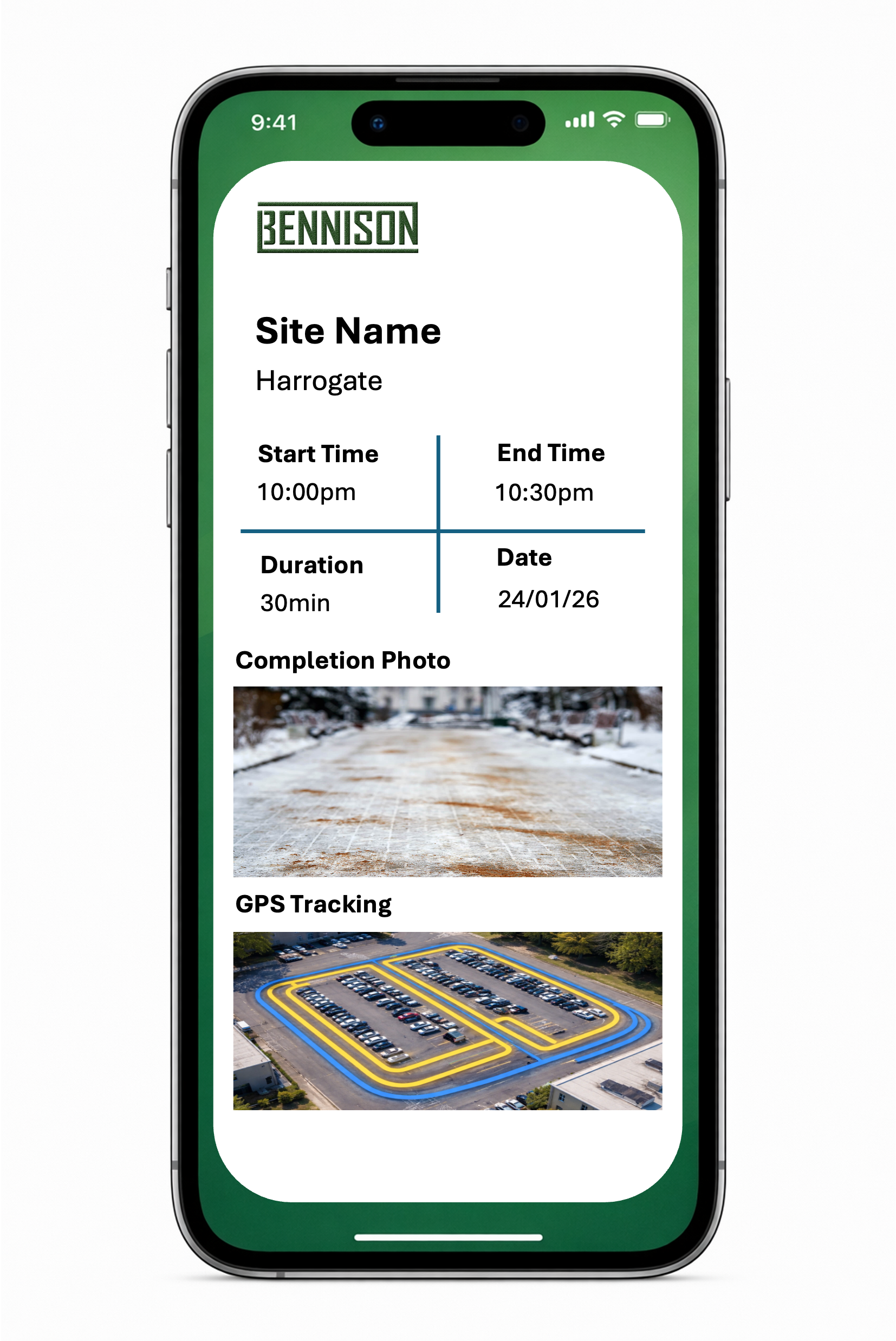 A mobile app screen displaying a site management interface with details for a project in Harrogate, including time, date, a photo of a snow-covered street, and GPS tracked parking lot.