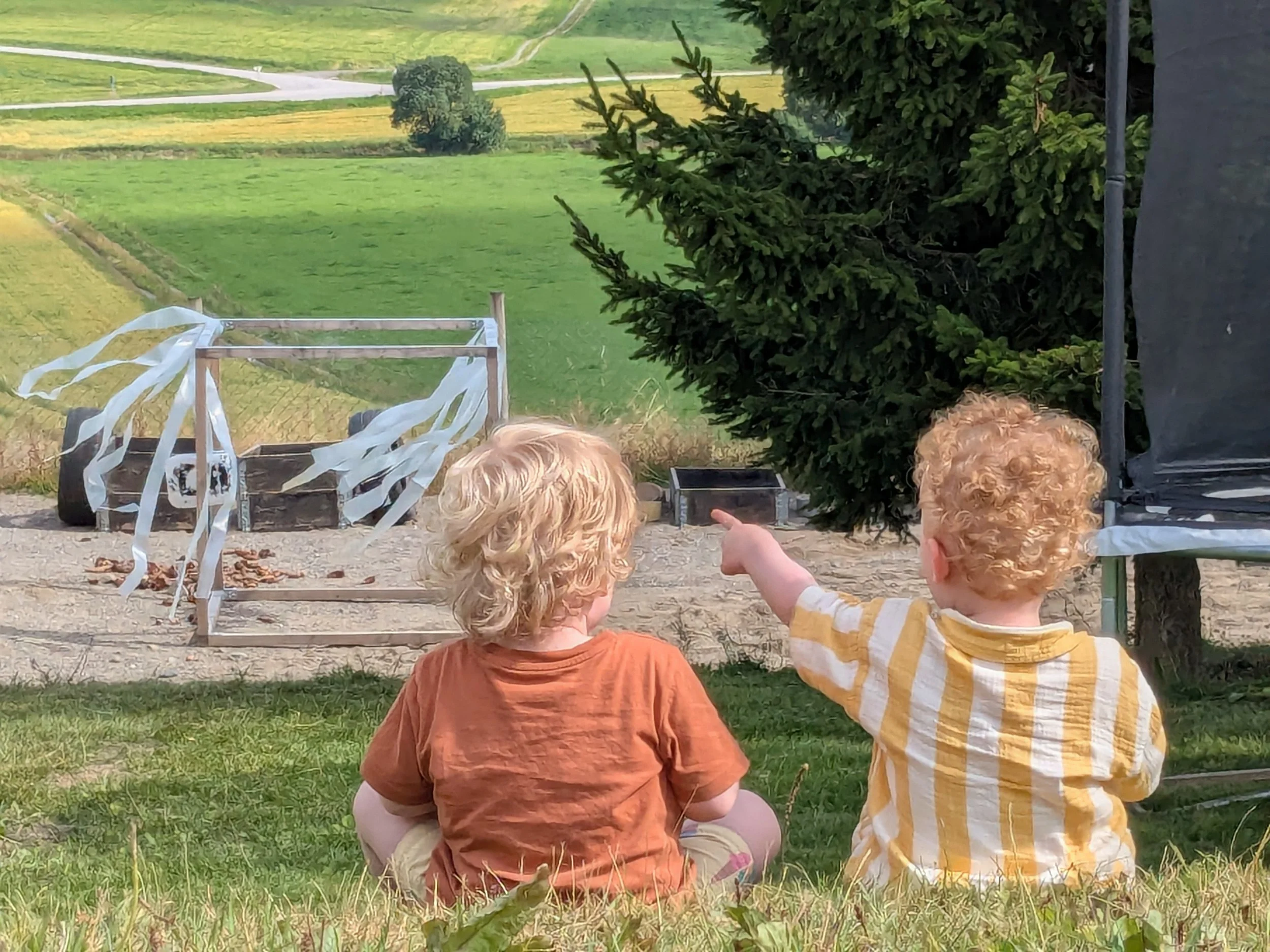 To unge barn med lyst hår sitter på gresset og ser utover mot et jorde.