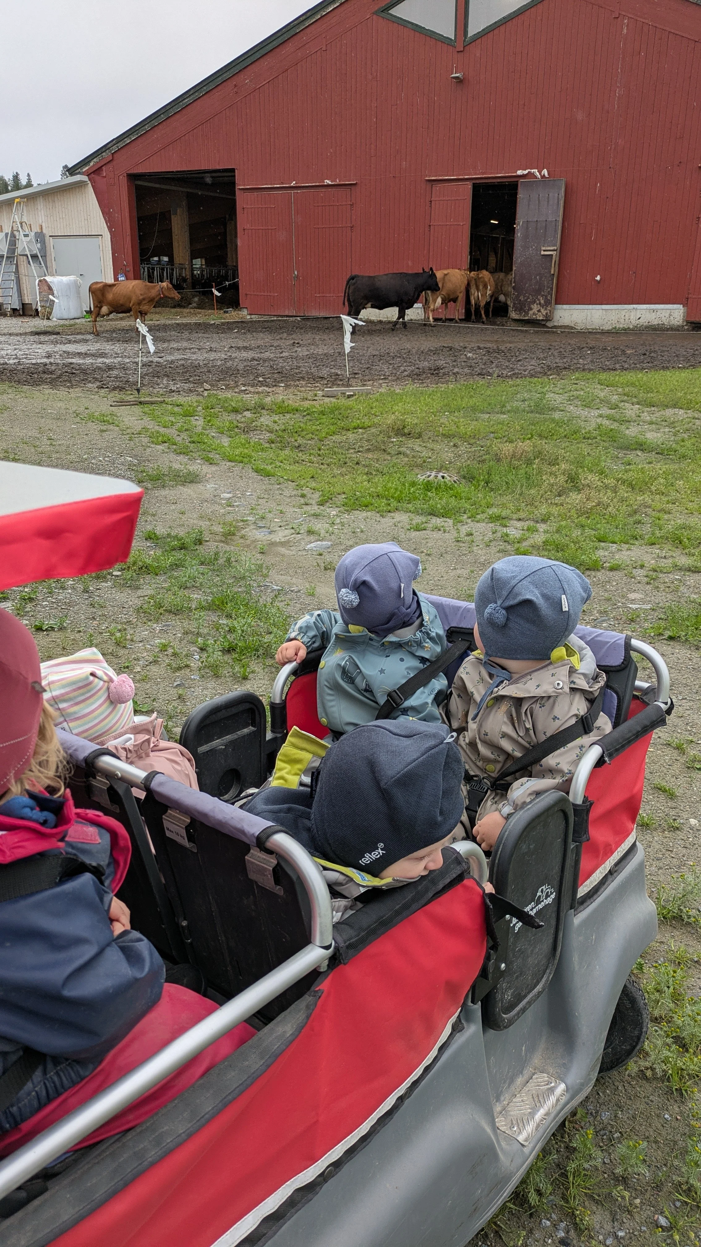 Barn som leker i en trebil utenfor en rød låve