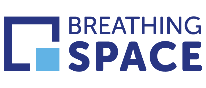 Breathing Space logo with a stylized square and a smaller light blue square inside, alongside the text 'Breathing Space' in bold blue font.
