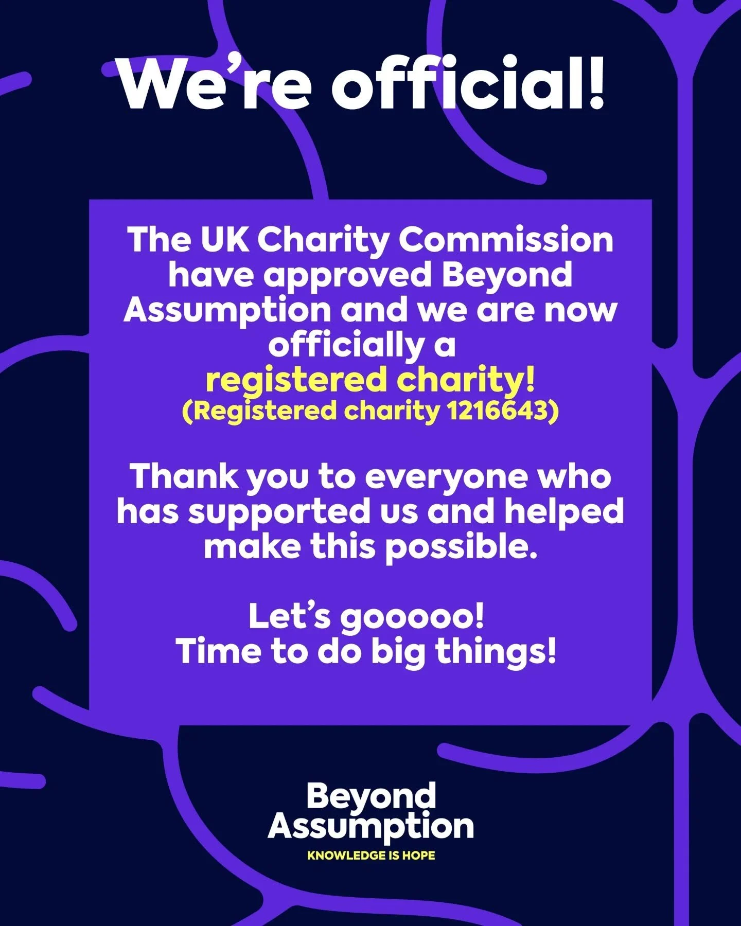 BIG NEWS! We are now officially a registered charity approved by the UK Charity Commission. This provides so many opportunities for us to reach more people and do even bigger things. Thank you to everyone who helped get us here.

Registered charity 1