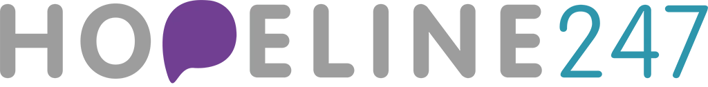 Close-up of the text 'HOPELINE 247' with a purple speech bubble replacing the letter 'P'.