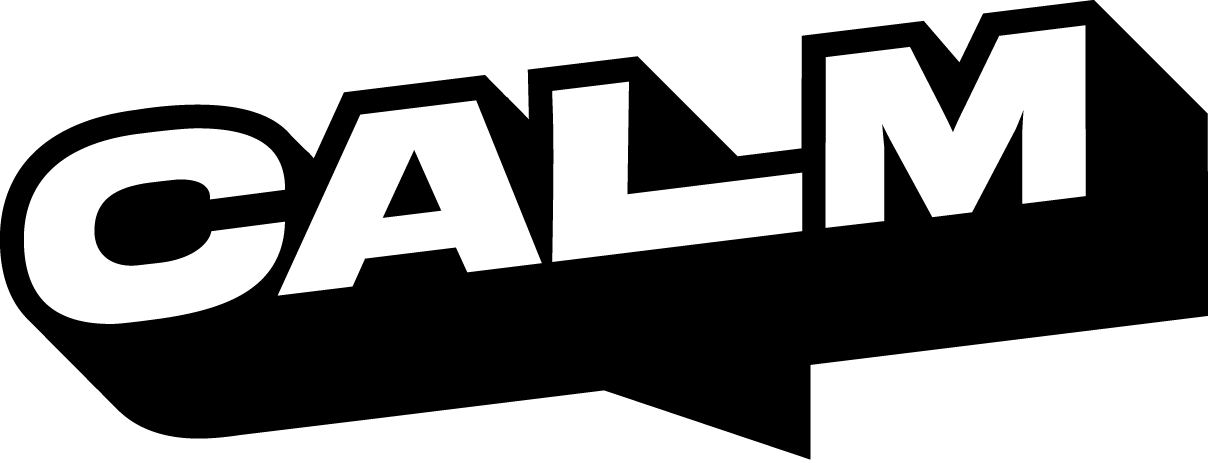 Bold white text on black background that reads "CALM"