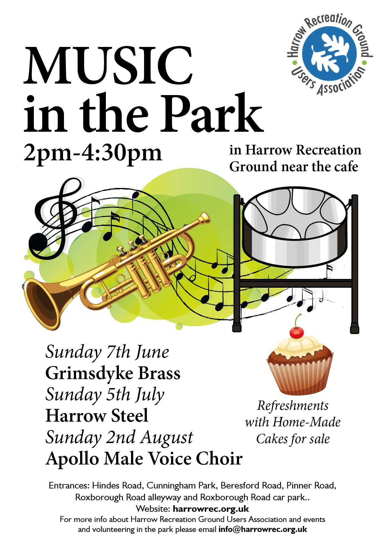 Event poster for 'Music in the Park' at Harrow Recreation Ground featuring a trumpet, musical notes, and a tambourine, with details about dates, performing bands, and additional activities.