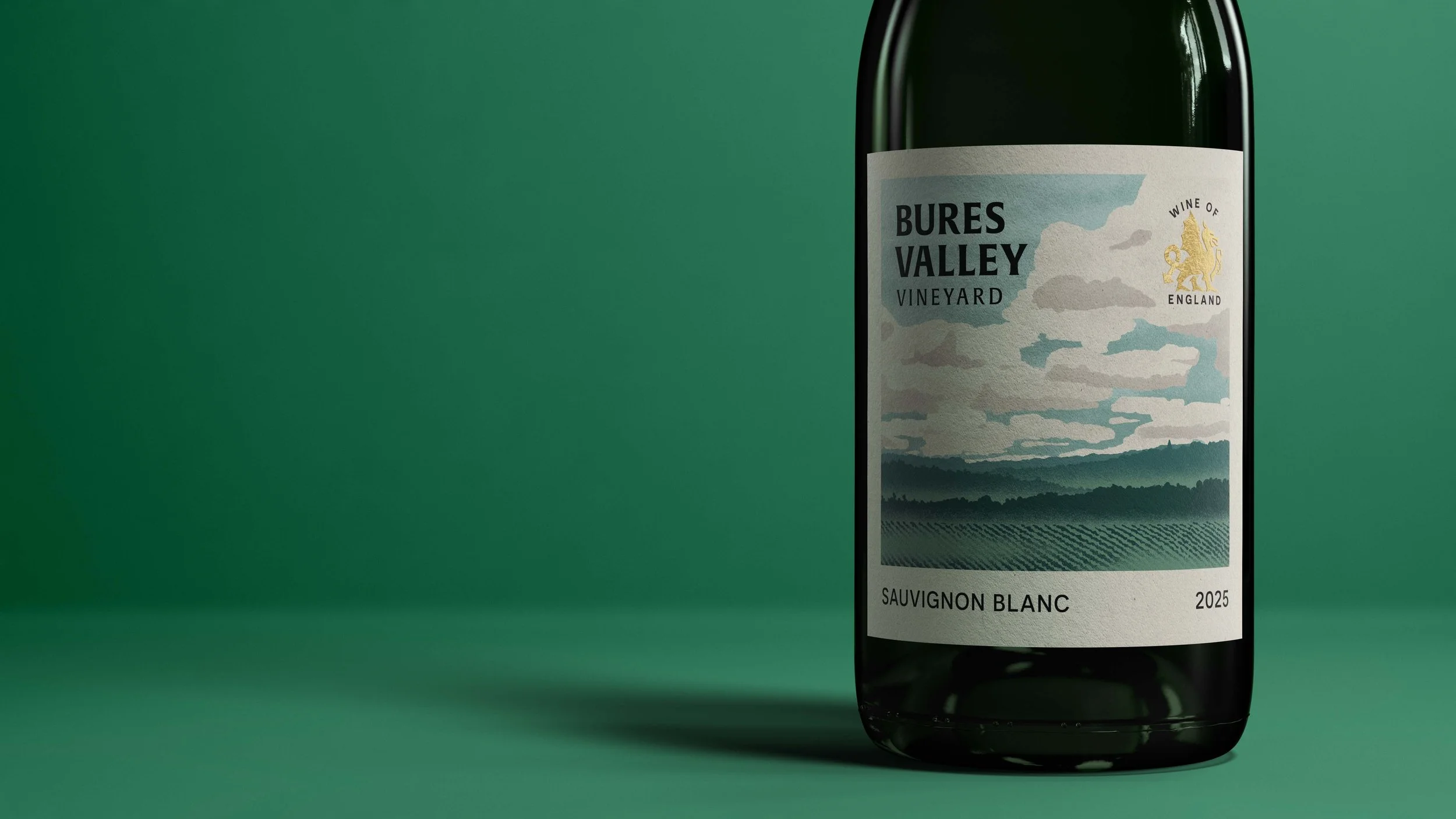 A bottle of Bure Valley Vineyard Sauvignon Blanc wine from England, vintage 2025, against a green background.