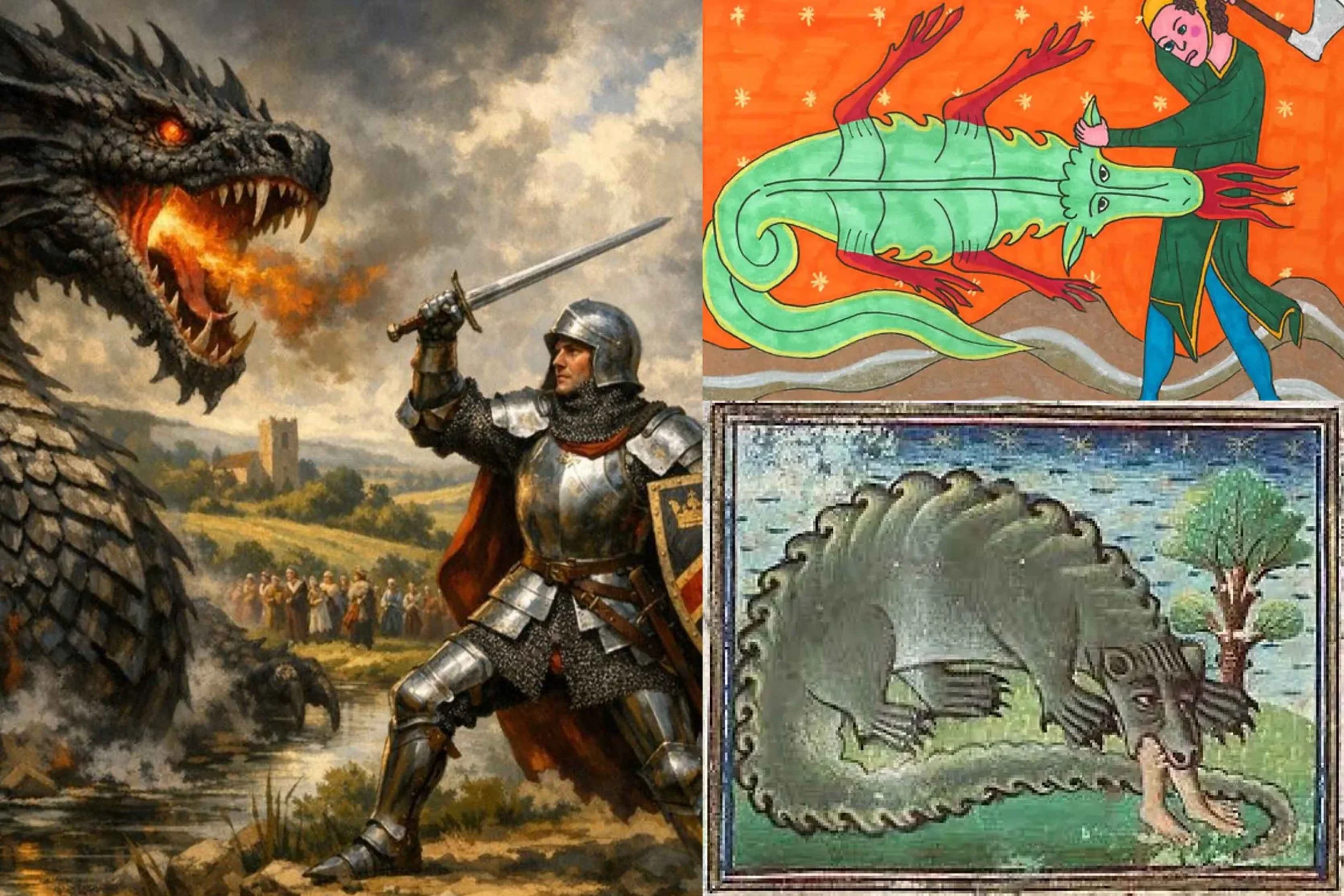 A medieval knight in shiny armor fighting a large, fire-breathing dragon with dark scales and glowing red eyes; in the background, there is a landscape with a castle and cloudy sky. The second part of the image shows a colorful drawing of a green dragon with red horns and a person holding a sword, set against an orange background with small stars.