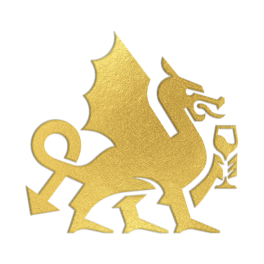 A gold-colored emblem of a lion with a crown, wings, and a shield, featuring the word 'DRAGONE'.
