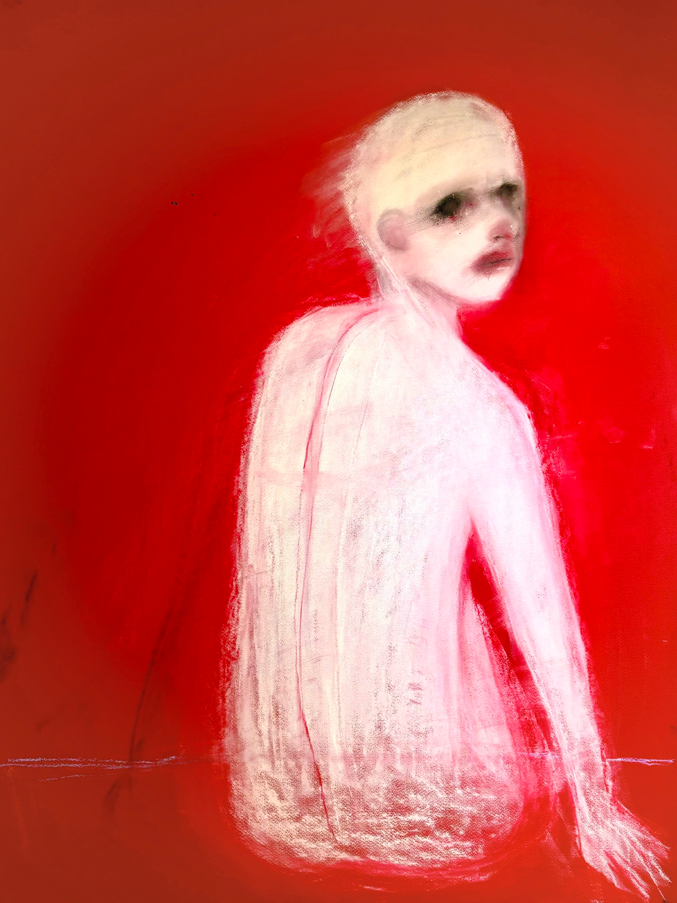 An abstract portrait of a woman with a pale face and dark eyes, facing sideways, against a red background.