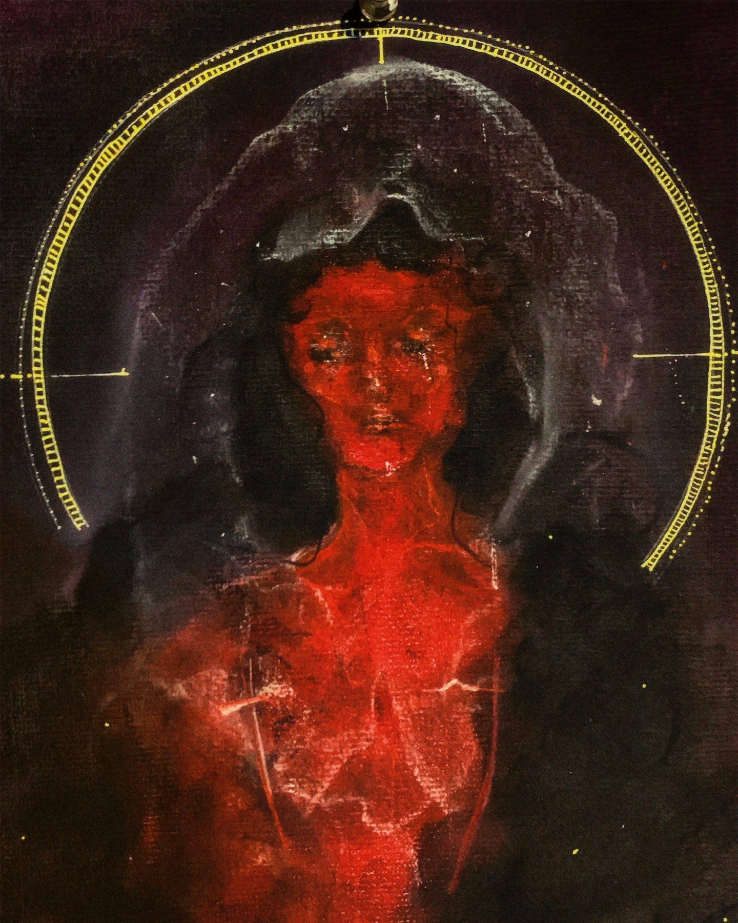 An abstract painting of a woman with red skin tone, dark hair, and closed eyes, surrounded by a circular golden halo.