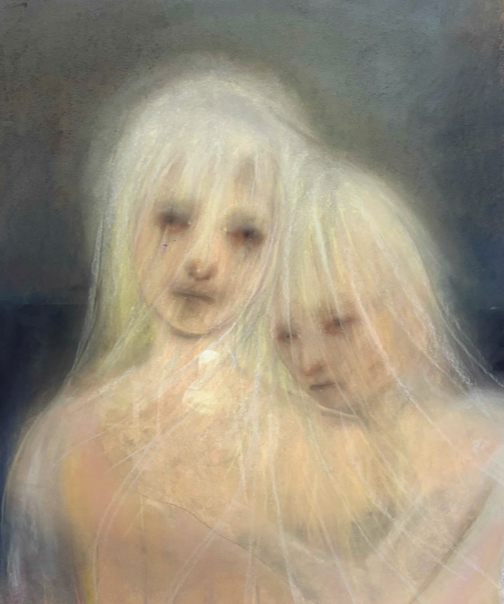 Two ethereal, ghostly figures with long platinum blonde hair and pale skin, blending into a luminous, misty background.