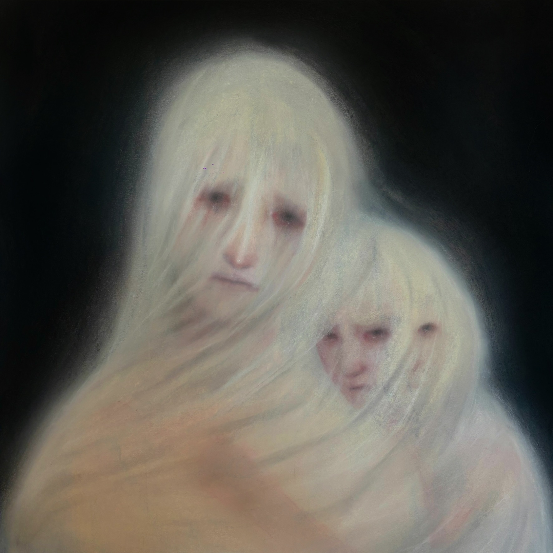 Two ghostly faces partially obscured by white, wispy surroundings, set against a dark background.
